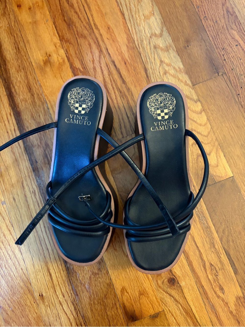 Vince Camuto Black Strappy Slide Sandals with Brown Trim
